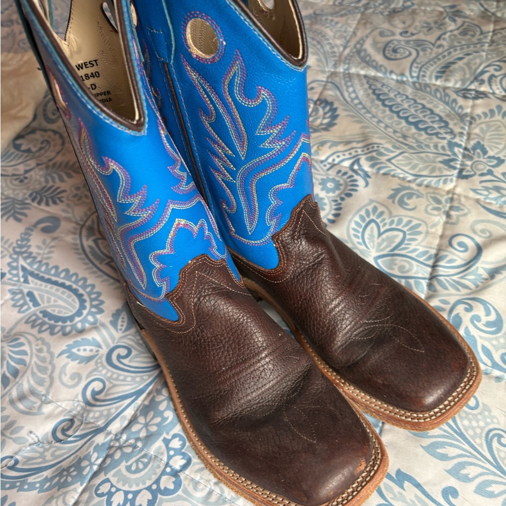 Old West Blue and Brown Cowboy Boots with Square Toe
